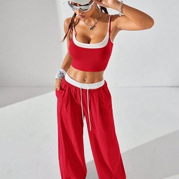 Red and White Casual Women's Sport Knit Tank Tops & Sweatpants - Picture 6 of 10
